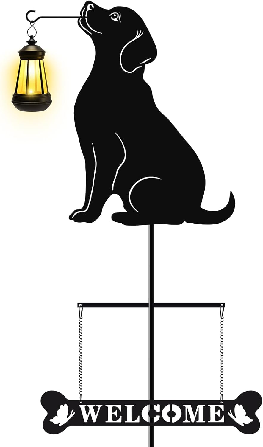 Solar Garden Stakes Golden Retriever Silhouette Dog Welcome Sign with Lantern Outdoor Decorative Stakes for Outside,Pathway,Yard, Lawn