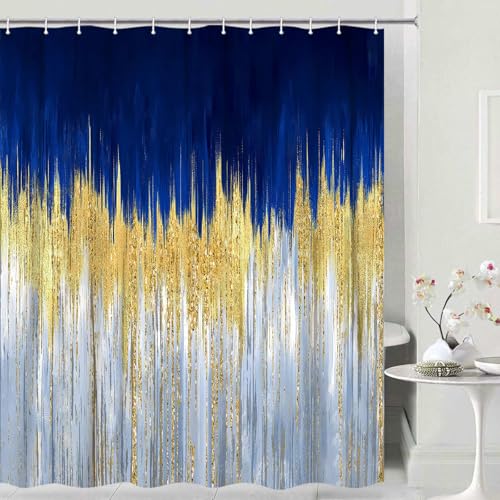JAWO Abstract Blue Shower Curtain, Gold Blue Boho Ombre Minimalist