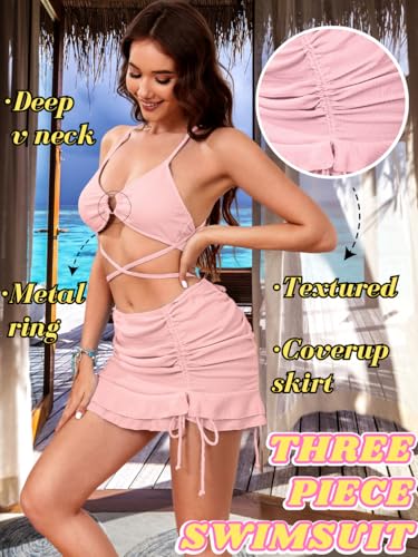 3 Piece Swimsuits for Women,Ribbed Bikini Set with Ruffle Cover Up Skirt,Criss Cross Bathing Suits Beach Vacation2