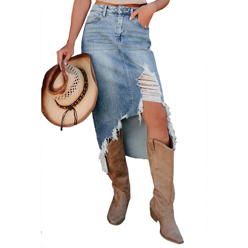 Women Asymmetrical Distressed Denim Skirt High Waist Buttoned Jean Skirt Slit Long Western Denim Skirts with Pockets