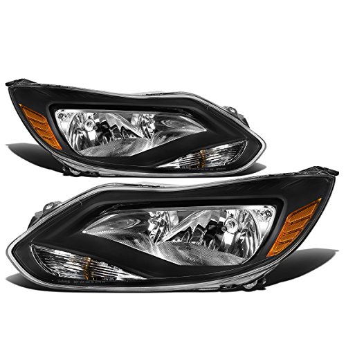 DNA MOTORING Pair Headlight Assembly Compatible with 12-14 Ford Focus Black/Amber HL-OH-FF12-BK-AM