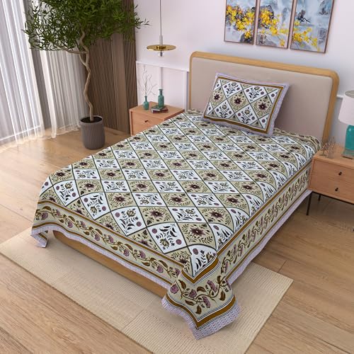 Image of 100% Cotton Single Bedsheet with 1 Pillow Cover | 240 TC Pure Cotton Flat Bed Sheet | Traditional Jaipuri Printed Bedding Set | Soft & Breathable | 60 x 90 Inch (Rangmahal Single 55)