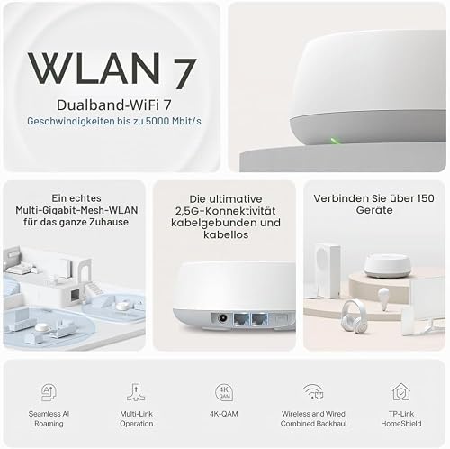 TP-Link Deco BE25(1-Pack) BE3600 Dual-Band WiFi 7 Mesh Router, 2.5G Ethernet Port, Multi-Link Operation (MLO), Transparent Roaming, Parental Control, Compatible with All Fiber Boxes, WPA3 - 3