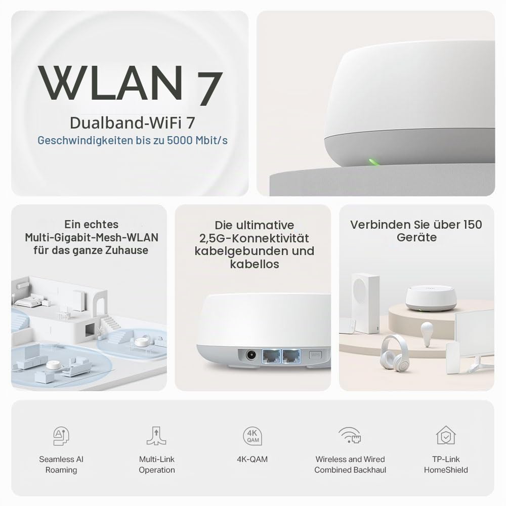 TP-Link Deco BE25 WiFi 7 Mesh WLAN(1 Pack), BE3600 Dual-Band Router und Access Point, 2 x 2.5 Gbit/s Ethernet Port, WPA3, 4 Streams, 160 MHz Kanäle, Gästenetzwerk, HomeShield