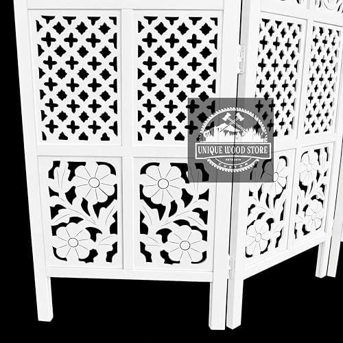 Image of Wooden Room Divider Screen, Carved,Decorative Handcrafted Privacy Screen Separator Wall Divider | Folding Partition with Floral & Jaali Design (White, 5ft-5 Panel White)
