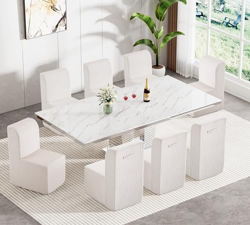 Image of 9-Piece Extendable Dining Table Set for 8, Modern 63 inch-94 inch White Marble Expandable Kitchen Table Set with 8 Furry Chairs, Large Extendable Dining Room Tables with Mirrored Columnar Base