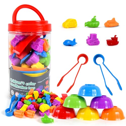 Image of BeFunky Counting Matching Game with Sorting Bowls, Color and Sensory Montessori Educational Learning Toys Set Gift for Toddlers Preschool Age 3+ Years Old (Vehicle Box)