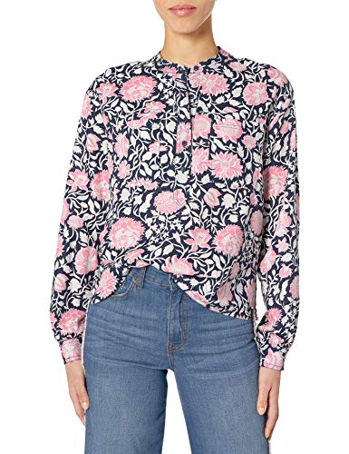 Lucky Brand Women's Long Sleeve V Neck Floral Edie Popover Top, Navy Multi, X Small