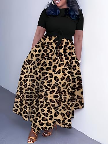 Image of Hostoyo Women Plus Size Formal A Line Maxi Dress Self Tie Waist with Pockets Elegant Round Neck Swing Long Dresses