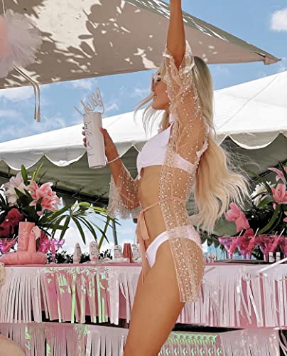 Women's Sexy Pearl Rhinestone Sheer Mesh Beach Cover Up Long Sleeve Kimono Cardigan Tie Front Blouse4