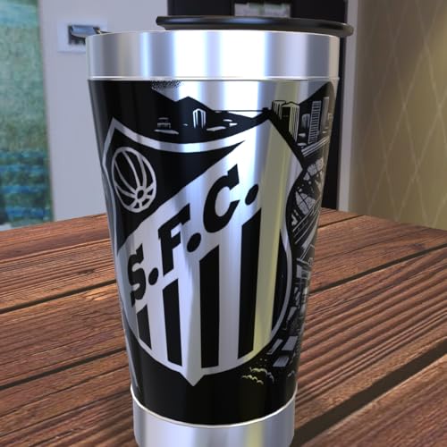Copo T&eacute;rmico Santos FC 473 ml Preto com Tampa e Grava&ccedil;&atilde;o a Laser