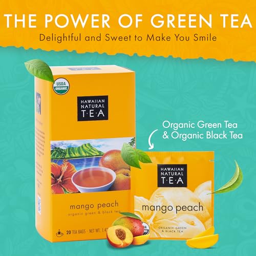 Image of Hawaiian Natural Tea Organic Mango Peach Green & Black Tea Bags, 60 Count | USDA Organic - 100% Plastic-Free - Perfect Hot or Iced - Low Caffeine - Non-GMO, Gluten-Free, Keto, Vegan, Kosher