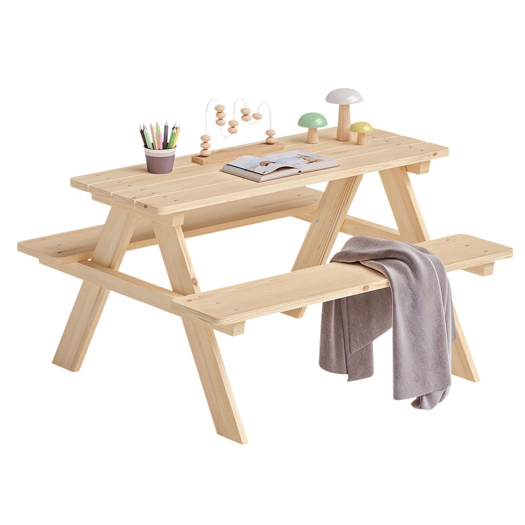 Bellabino Inny Kindersitzgruppe für 4 Kinder – Kindertisch mit 2 Bänken – Sitzbank Outdoor – Picknicktisch aus Kiefer, unbehandelt – Kinderbank für Garten – Kinder Gartenmöbel, Gartentisch ab 2 Jahren