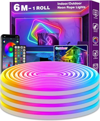 AHRLHR Waterproof Neon Rope Lights IP68, 6m LED Strip Light for Outdoor Indoor, Flexible RGB Neon Strip Lights Controlled by APP & Remote, Music Sync Gaming Strip for Game Room or Around Pool