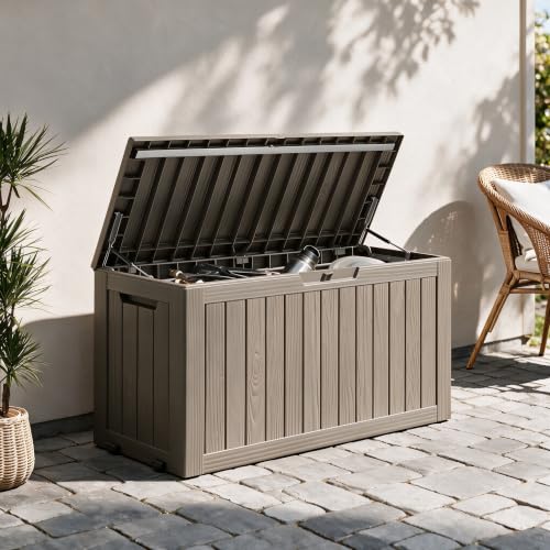 Image of 92 Gal Deck Box,Waterproof Resin Outdoor Storage Gas Lift,Lockable Grey