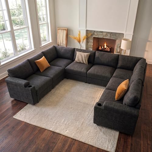 Image of Sectional Couches for Living Room FSC Certified Chenille Modular Couch Oversized Cloud U Shaped Convertible Sleeper Sofa Chaise Detachable Armrest Cushion (Chenille Grey, U Shape 8 Seat)