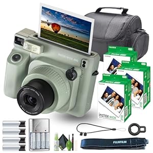 Fujifilm Instax Wide 400 Instant Film Camera Bundle with Fuji Instax Wide Instant Film Color Print (60 Sheets) + Travel Bag + Rechargeable Batteries with Charger and Lens Cleaning Kit