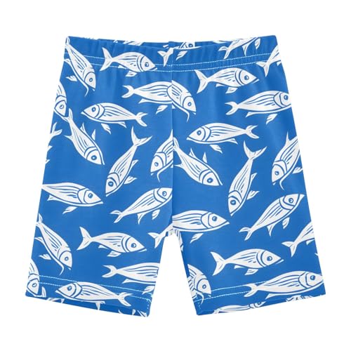 Blue Fishes Print Girls Shorts Elastic Waist Sports Shorts Girls Leggings Pants for 4-10 Years