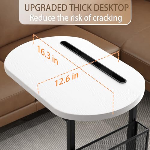 Image of Fashion TV Tray Table with Large Tabletop, Adjustable Sofa Table with Storage Baskets, Strong Metal Frame, Tv Dinner Tray Table for TV Watching, Meals, Snacks (Oval, White, 16.93inch x 12.6inch)