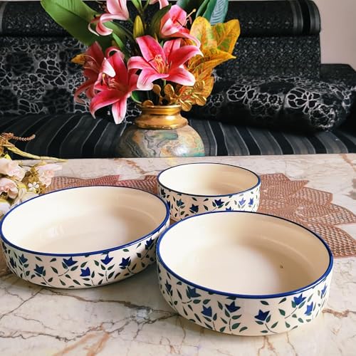 Image of Niyara Stoneware Handmade Ceramic Stylish Premium Serving Bowls /Salad Tray Microwave Dishwasher Safe (Blue Leaf Set of 3)