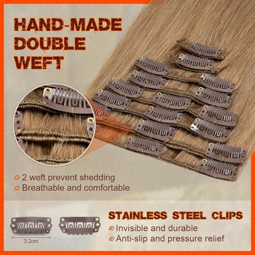 Image of Benehair Clip in Hair Extensions Real Human Hair for Women Blonde Hair Extensions 20inch Clip in Human Hair Long Straight Remy Natural Full Head 8pcs Real Hair Extensions for Women #27 Dark Blonde