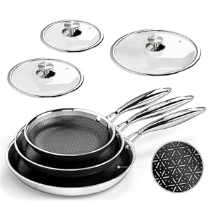 Kitchen Academy Tri-Ply 18/10 Stainless Steel Frying Pans Set with Lids, 6 Pcs (8,10 & 12″) Induction Non Stick Fry Pan Set, Oven & Dishwasher Safe, PFOA&PFAS Free