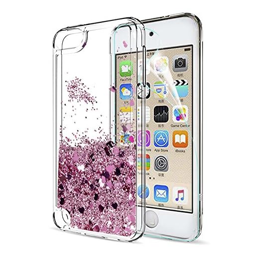 iPod Touch 7 Case, iPod Touch 6 Case, iPod Touch 5 Case with Tempered Glass Screen Protector [2 Pack] for Girls, LeYi Glitter Liquid Clear Phone Case (Rose Gold)