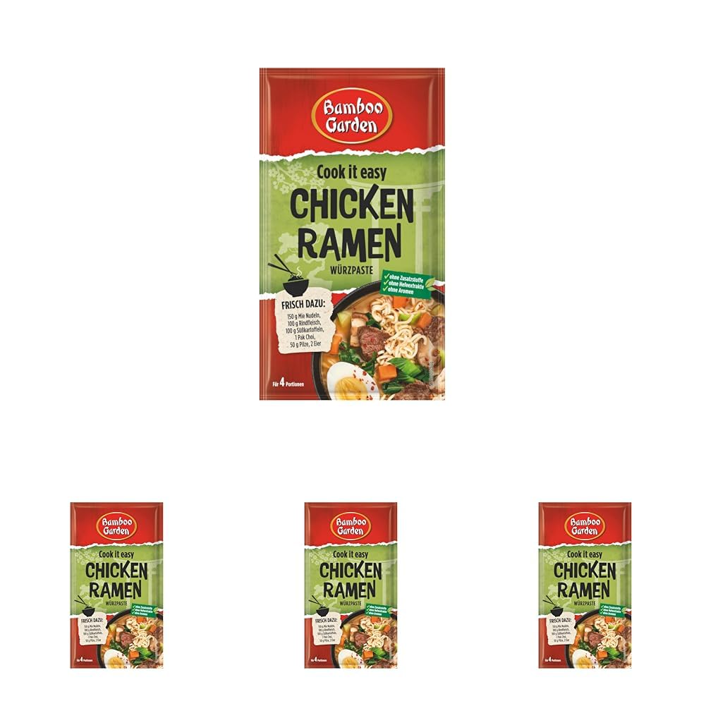 Bamboo Garden - Chicken Ramen Würzpaste | Zum Zubereiten von Ramensuppe | Für 4 Portionen | Ohne Zusatzstoffe, natürliche Zutaten | 45 g im Beutel (Packung mit 4)