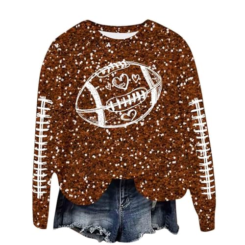 Generisch 2025 Sudadera de manga larga para mujer con cuello redondo, estampado de fútbol con purpurina, camiseta informal para invierno, blusa suave, cómoda, jersey extra, marrón, XXL