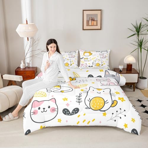 Image of Feelyou Cute Kitten Twin Comforter Set, Kawaii Pet Cats Cartoon Comforter Set for Kids, Girls, Cat Lover's Animal Themed Duvet Set, Microfiber Quilt Set