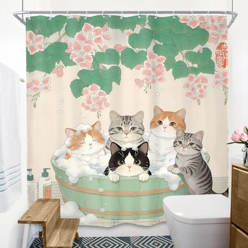 SVBright Adorable Cats Shower Curtain 72Wx72L Inch Kids Japanese Anime Cute Animal Funny Pink Floral Green Leaf Vintage Cartoon Kitten 12 Pack Hooks Polyester Waterproof Fabric Bathroom Bathtub Panels - Image 4