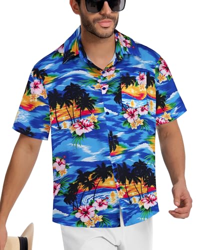 Image of Men Hawaiian Shirt Short Sleeve Summer Beach Button Down Shirts with Pocket