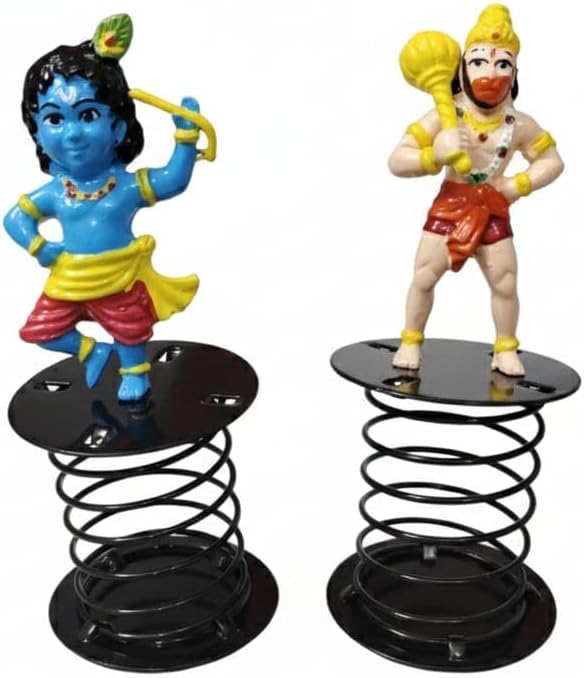 Bobble Head Spring Mounted Idol for Car Dashboard, Car Dashboard Accessories, Home & Office Table Decor Gift Item, Combo of 2 (Dancing Krishna & Veer Hanuman Ji)
