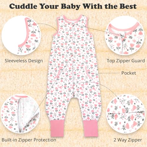 Image of Toddler Sleep Sacks - 2T-3T Wearable Blanket - Sleeveless Feet Sleep Sack, Pink Flowers