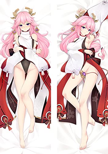 MOLUCI Genshin Impact Yae Miko Anime Cartoon Characters Full Body Animation Pillowcase Dakimakura Gifts for Anime Fans, Peach Skin/2WAY Body Pillowcase (Color : Peach Skin, Size : 150x50cm(59x20in)
