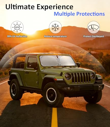 Image of Windshield Sun Shade for 1997-2017 Jeep Wrangler JK JKU Accessories | Car Front Window Sun Visor & Heat Shield | 420D Sunshade Protection Blocks UV Rays Keep Your Car Cooler