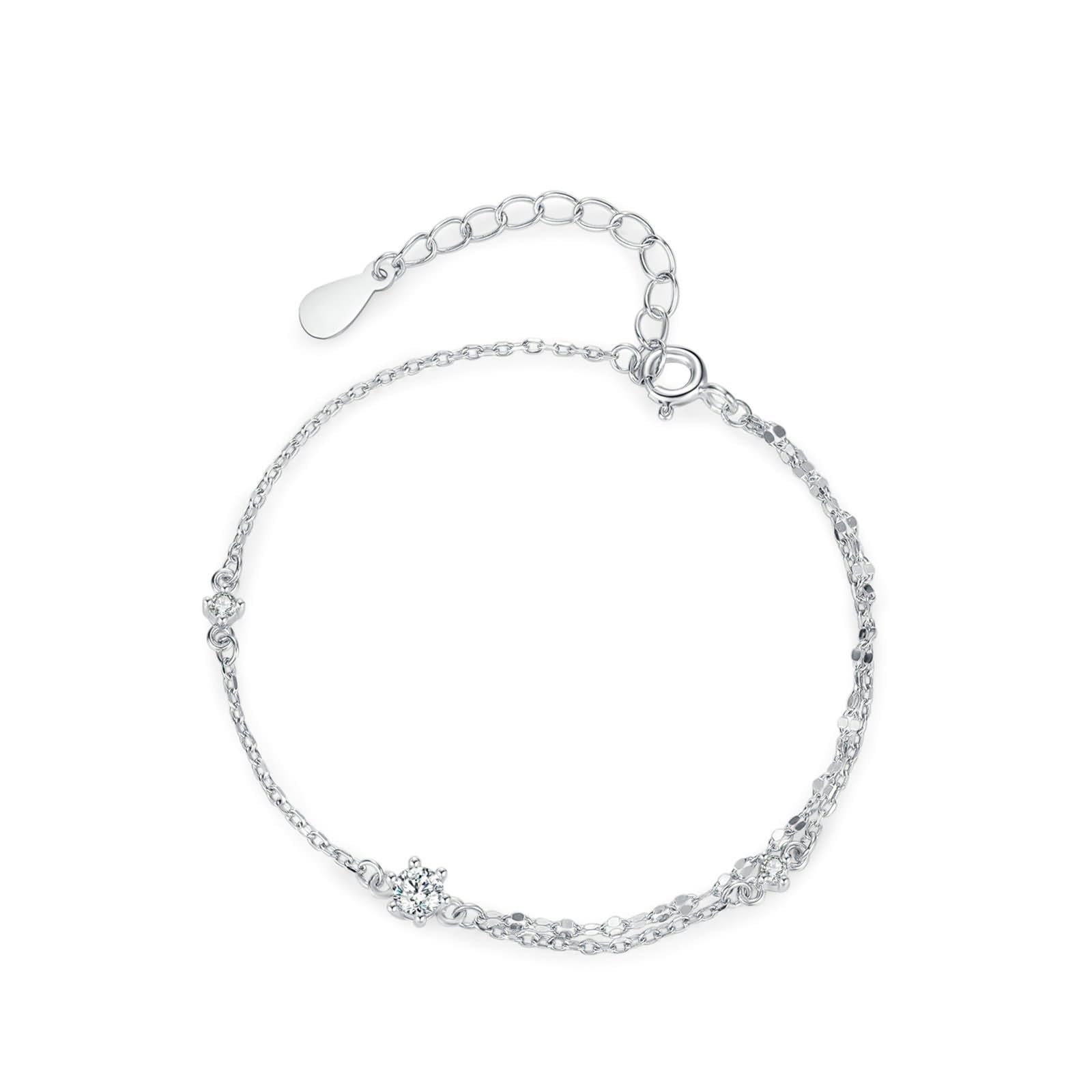 Pulsera de plata, joyería para mujer, pulsera de una sola cara, cadena de doble capa con moissanita, oro blanco de 9 quilates, 16 + 5 cm