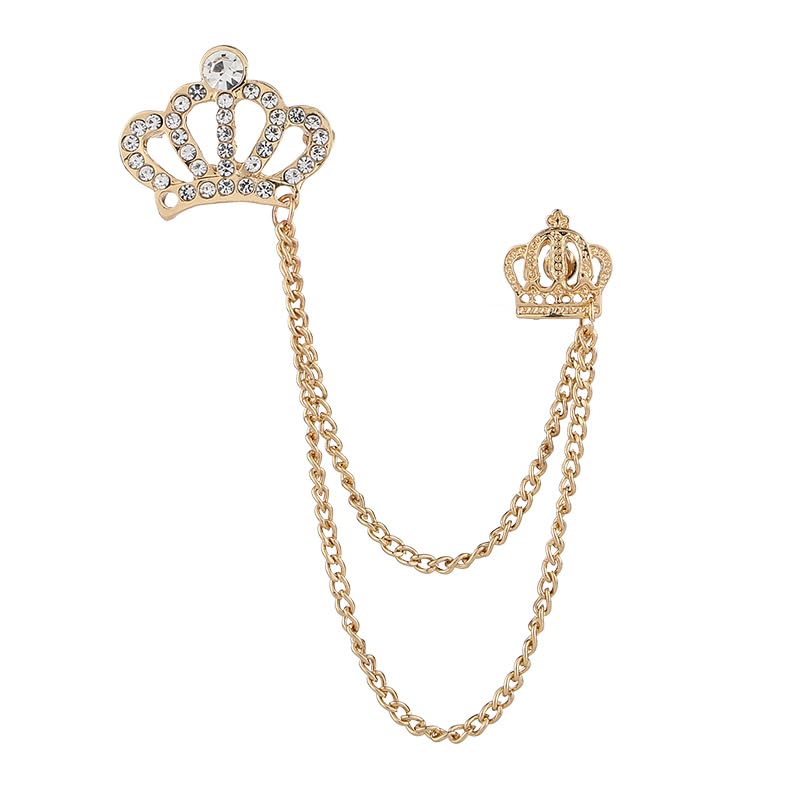 Image of coadipress Crown With Hanging Chain Brooch for Women Men Elegant Gentlemen Gold Silver Crystal Crown Lapel Pin Vintage Rhinestone Wedding Brooch Suit Shirt Pin Accessories