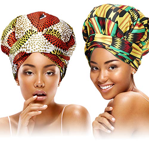 2 Piece Satin Bonnet Women Sleep Cap Adjustable African Print Cap for Curly Hair