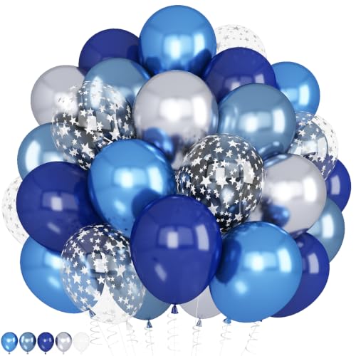 Image of Blue Silver Balloons Set, 50Pcs 12Inch Dark Navy Metallic Blue Silver Star Confetti Party Latex Balloon for Birthday Graduation Baby Shower Wedding Retirement Anniversary Fathers Day Party Decorations