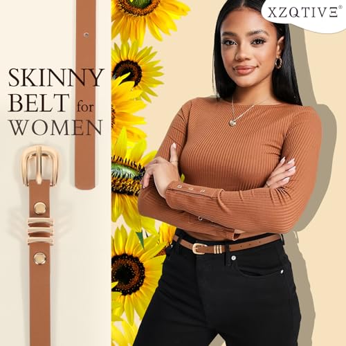 XZQTIVE 2 Pack Skinny Belt for Women PU Leather Belt for Dress Pants Ladies Thin Waist Belt with Gold Silver Buckle2