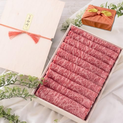 熨斗対応可 平井牛 霜降り ロース すき焼き しゃぶしゃぶ 400g ギフト 贈り物 高級 京都肉 国産 国産牛 A5等級 焼肉 牛肉 お店の味 国産和牛 ギフト箱 のし安心 安全 風呂敷付き (400g, 桜色×裏地 新緑)