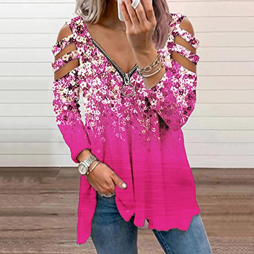 KNFATEQVEDG Túnica feminina ombro frio plus size sexy com tiras vazadas com zíper solto camiseta lar