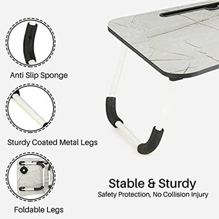 Image of YAJNAS Marble Light Wooden Multipurpose Foldable Laptop Table with Cup & Tab Holder | Study, Breakfast, Reading Table