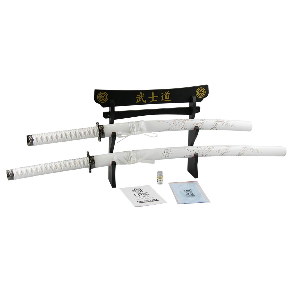 Katana Wakizashi White Dragon Daisho Samuraischwert Schwertpaar Deko Stumpf | Mit Schwertständer und Zubehör