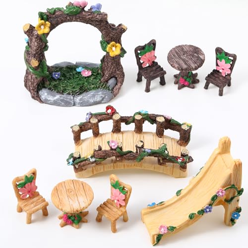 9 Pcs Fairy Garden Accessories - Miniature Garden Kit Landscape Decorations Table and Chairs Set Fairy Garden Furniture Ornaments Bridge Flower Slide Figurine for Terrarium Potted Plants, Dollhouse