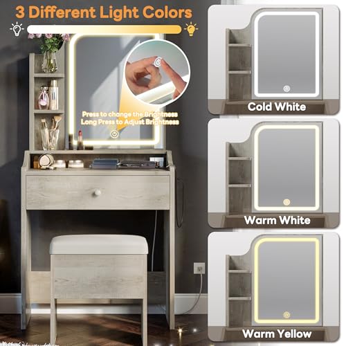 Image of LIKIMIO Small Vanity Desk with Mirror Lights and Storage Stool | White Walnut compact vanity with 3 light modes, charging station, storage drawer, 3 shelves and upholstered stool
