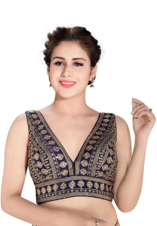 Buy PUSHPANSH11 Women's Solid Readymade Fitted Round Neck Woven Cotton Sleeveless  Blouse-02-Navy Blue-L Size:- Large at Amazon.in