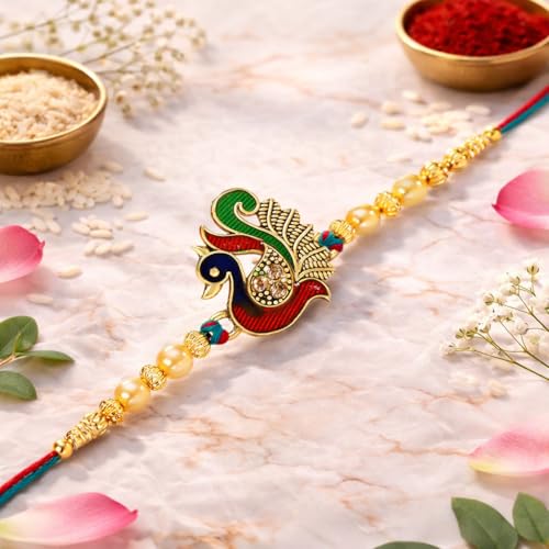 Image of Riddhika Ventures Glorious Gold Plated Meenakari Peacock Rakhi with Roli Chawal and Greeting Card