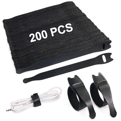 Redamancy 200 Stück Wiederverwendbare Kabelbinder Klettband Kabelbinder Klett Schwarz Verstellbare Kabel Klettband für Kabelmanagement Schreibtischorganisation und Haus Büro 150 x 12 mm